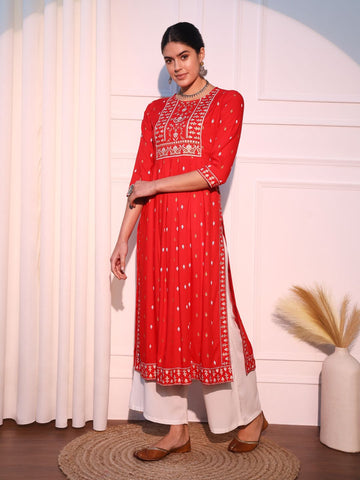 Red Mirrow Regular Rayon A-line Kurta