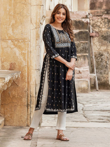 Black Viscose Rayon Straight Kurta