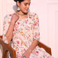 White Floral Print Rayon A-line Kurta