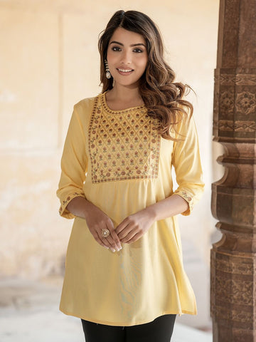 Yellow Embroidered Kurti