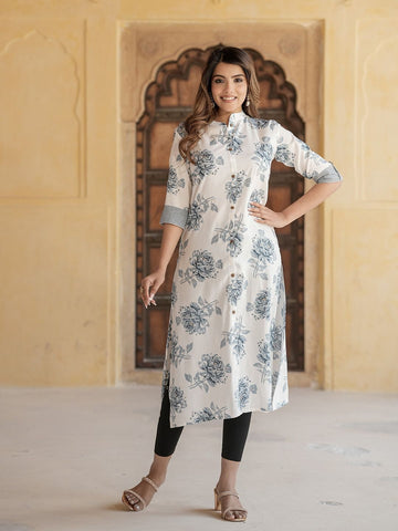 White Floral Print Kurta