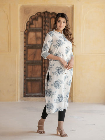 White Floral Print Kurta