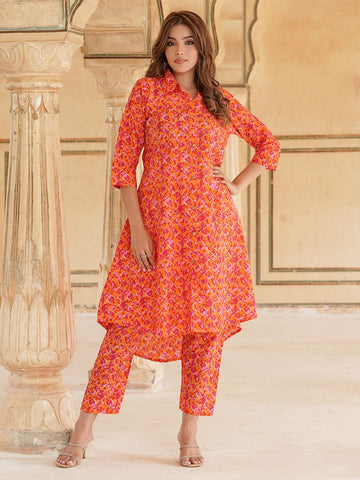 Orange cotton A-line Kurta Set