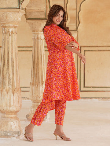 Orange cotton A-line Kurta Set