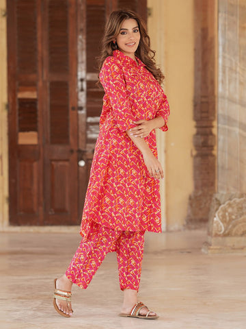 Pink cotton Straight Kurta Set