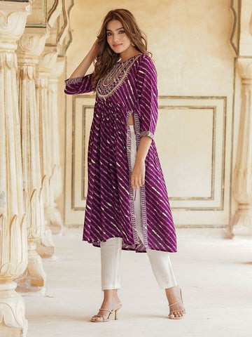 Purple viscose rayon Straight Kurta Set