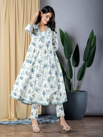 Orni Fashion Grey And White Printed Anarkali Trousers Kurta set