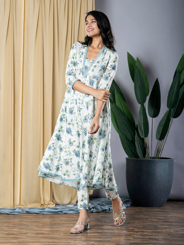 Orni Fashion Grey And White Printed Anarkali Trousers Kurta set