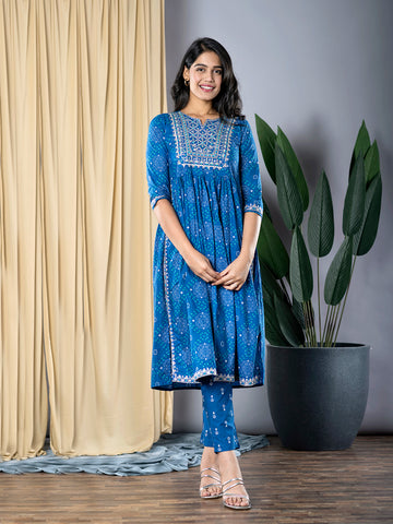 Orni Fashion Blue Embroidered Anarkali Trousers Kurta set