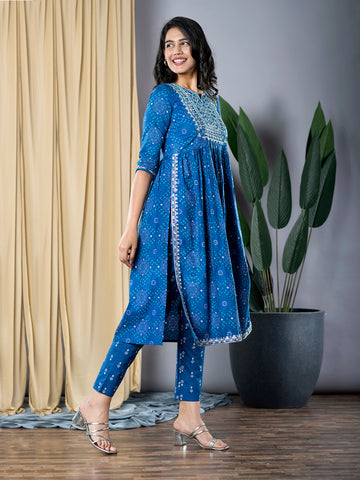 Orni Fashion Blue Embroidered Anarkali Trousers Kurta set