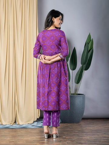 Orni Fashion Purple Embroidered Anarkali Trousers Kurta set