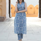 Blue Floral Print Straight Kurta Set