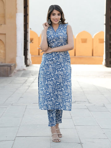 Blue Floral Print Straight Kurta Set