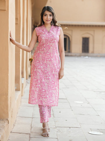 Orni Beby Pink Floral Print Kurta Set