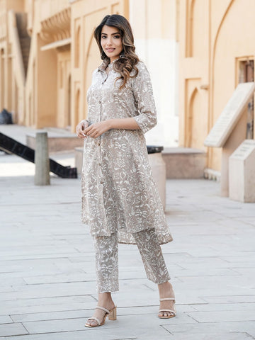 Beige Floral Print Kurta Set