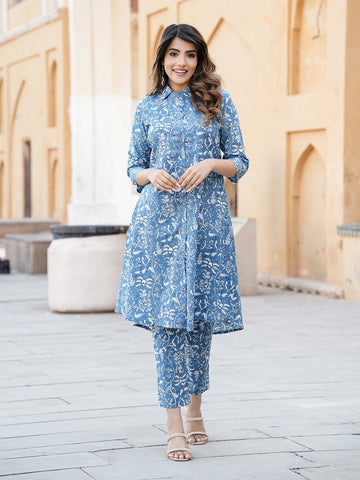 Blue Floral Print Kurta Set