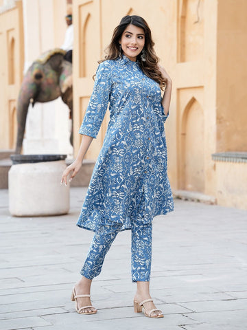 Blue Floral Print Kurta Set