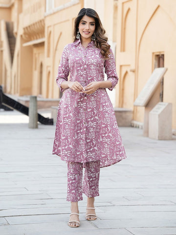 Mauve Floral Print A-line Kurta Set