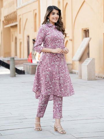 Mauve Floral Print A-line Kurta Set