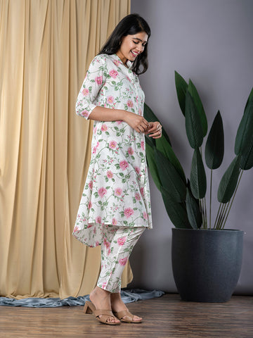 Orni Fashion peach and White Printed A-Line Trousers Kurta set