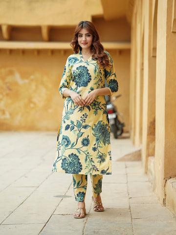 Beige And Blue Floral Straight Trousers Kurta set