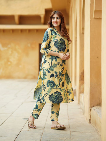 Beige And Blue Floral Straight Trousers Kurta set