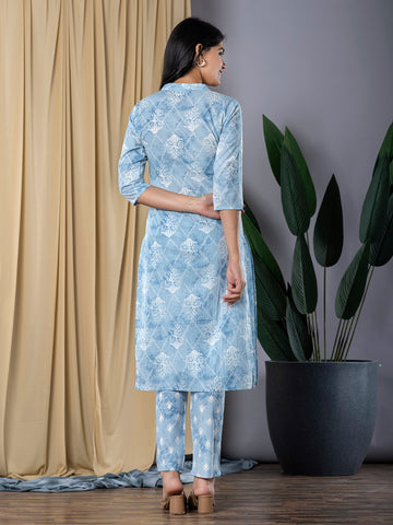 Orni Fashion Sky Blue Printed Straight Trousers Kurta set