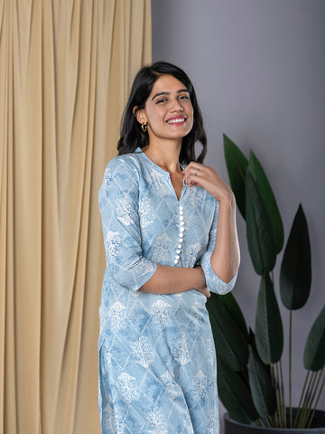 Orni Fashion Sky Blue Printed Straight Trousers Kurta set