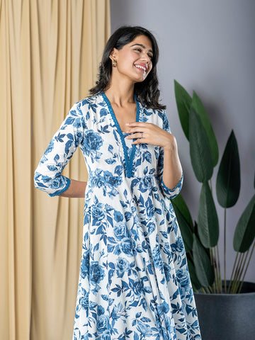 Orni Fashion Blue And White Printed Anarkali Trousers Kurta set