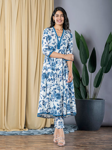 Orni Fashion Blue And White Printed Anarkali Trousers Kurta set