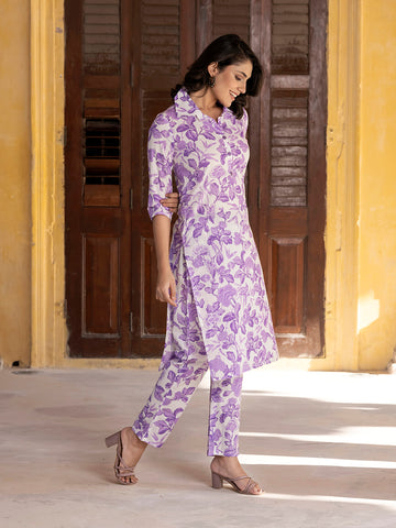 Orni Fashion Purple And White Printed Straight Kurta Set