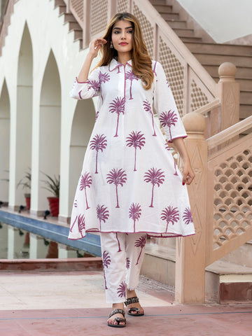 Orni Fashion White Tree Print A-Line Kurta Set