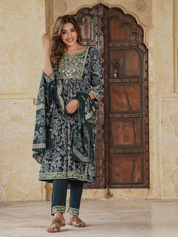 Orni Fashion Green Viscose Rayon A-Line Kurta Set