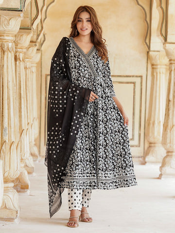 Orni Fashion Black Viscose Rayon Anarkali Kurta Pant Dupatta Set