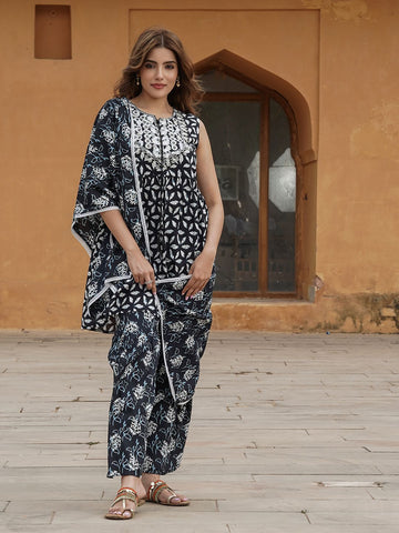 Black Viscose Rayon A-Line Kurta Pant Dupatta Set