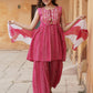 Pink Viscose Rayon A-Line Kurta Sharara Dupatta Set