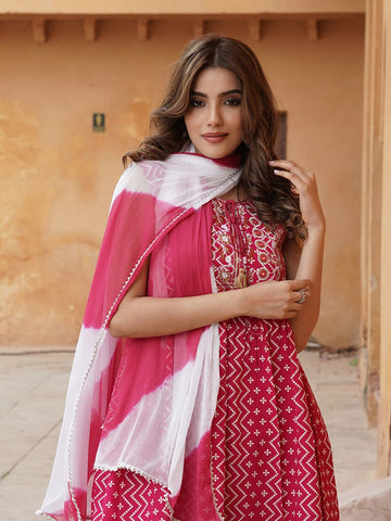 Pink Viscose Rayon A-Line Kurta Sharara Dupatta Set