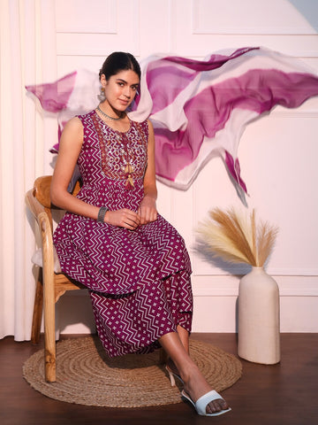 Orni Fashion Purple Bandhani Print Empire Thread Work Kurta with Palazzos & With Dupatta