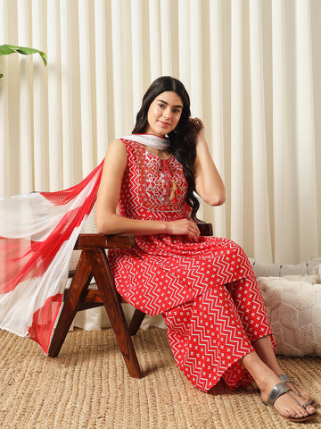 Orni Fashion Red Bandhani Print Empire Thread Work Kurta with Palazzos & With Dupatta