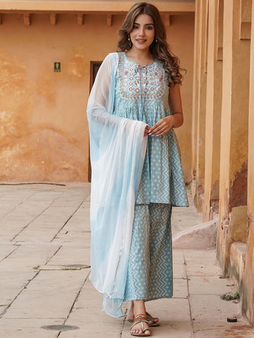 Light Bule viscose rayon A-Line Kurta Bottom And Dpatta