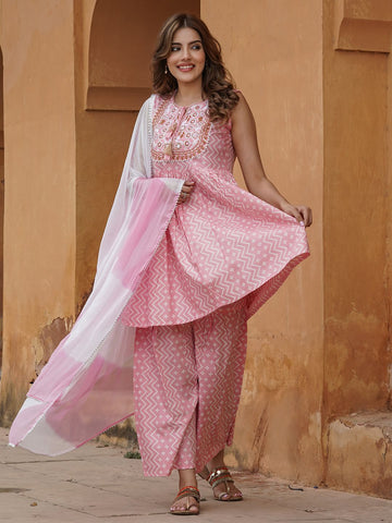 Baby Pink viscose rayon A-Line Kurta Bottom And Dupatta Set