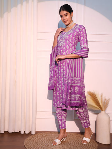 Orni Fashion Floral Printed Regular Thread Work Pure Cotton Kurta with Trousers & With Dupatta