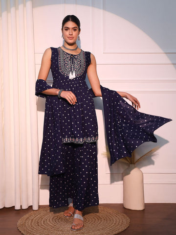 Blue viscose rayon A-Line Kurta with Sharara with dupatta