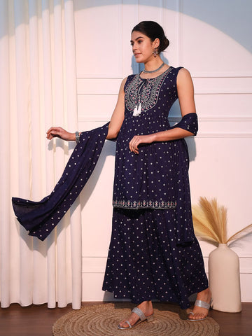 Blue viscose rayon A-Line Kurta with Sharara with dupatta