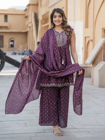 Purple Rayon A-Line Kurta with Sharara with dupatta