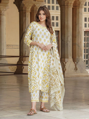 Yellow And White cotton A-Line Kurta Bottom And Dpatta