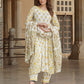 Yellow And White cotton A-Line Kurta Bottom And Dpatta