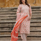 Orni Fashion Peach And White cotton Straight Kurta Pant Dupatta Set