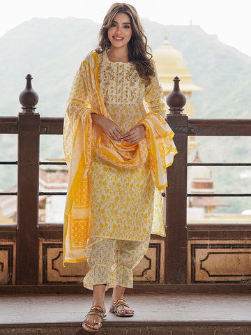 Yellow And White cotton Straight Kurta Pant Dupatta Set