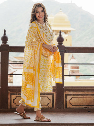 Yellow And White cotton Straight Kurta Pant Dupatta Set